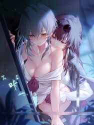 2girls absurdres black_jacket blush breasts butterfly_ornament clouble collarbone commission eyewear_on_head glasses gloves grey_hair highres honkai:_star_rail honkai_(series) indoors jacket kafka_(honkai:_star_rail) large_breasts light_particles multiple_girls pince-nez purple_eyes purple_gloves purple_hair round_eyewear shirt stelle_(honkai:_star_rail) sweatdrop trailblazer_(honkai:_star_rail) undressing undressing_another white_shirt yellow_eyes yuri