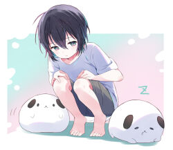 Rule 34 | age switch, aged down, aged up, amimi, black hair, black shirt, grey pants, male focus, mayuzumi kai, multicolored hair, nijisanji, no shoes, no socks, pants, shirt, simple background, streaked hair, stuffed animal, stuffed dog, stuffed toy, virtual youtuber