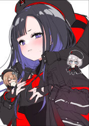 Rule 34 | 3girls, asymmetrical bangs, beret, black gloves, black hair, black headwear, black jacket, black leotard, black serafuku, blue eyes, blush, breasts, cape, chibi, colored inner hair, eating, emma (nikke), eunhwa (nikke), fingerless gloves, food, forehead, fummy, gloves, goddess of victory: nikke, grey hair, hair ribbon, hat, highres, hood, hood down, hooded jacket, jacket, leotard, light brown hair, long hair, mole, mole under mouth, multicolored hair, multiple girls, neckerchief, purple eyes, purple hair, red jacket, red neckerchief, ribbon, school uniform, serafuku, skirt, small breasts, sweatdrop, two-sided fabric, two-sided jacket, vesti (nikke)