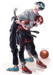 2boys absurdres ace_trappola aqua_hair back-to-back ball basketball_(object) black_hair black_pants blush brown_eyes clenched_teeth closed_eyes commentary_request fang floyd_leech full_body hair_between_eyes heterochromia highres looking_back male_focus multicolored_hair multiple_boys nana_tetra open_mouth pants pants_rolled_up parted_lips red_hair red_shirt sharp_teeth shirt shoes short_hair simple_background sneakers streaked_hair sweatdrop teeth twisted_wonderland twitter_username two-tone_hair white_background white_shirt yellow_eyes