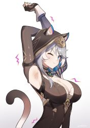 1girl absurdres animal_ear_fluff animal_ears arm_up armpits black_gloves blue_eyes bow breasts cat_ears cat_girl cat_tail cipher_(honkai:_star_rail) cleavage commentary english_commentary fingerless_gloves gloves gradient_background hair_bow highres honkai:_star_rail honkai_(series) hood hood_up large_breasts mole mole_on_breast mush_(mushlicious) nail_polish one_eye_closed solo stretching tail upper_body white_background white_bow white_hair yellow_nails