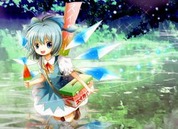1girl bad_id bad_pixiv_id bag blue_dress blue_eyes blue_hair bow cirno dress female_focus flag food hair_bow ice_cream ichitaro matching_hair/eyes open_mouth reflection short_hair shoulder_bag smile solo touhou wings