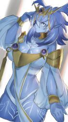 1girl blue_eyes blue_hair blue_leotard blue_skin breasts cleavage colored_skin commentary_request cowboy_shot dominus_impulse dougaku_(passionpit777) duel_monster highres large_breasts leotard medium_hair solo yu-gi-oh!