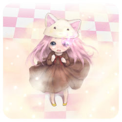 Rule 34 | 10s, 1girl, animal hat, bad id, bad pixiv id, black dress, black rock shooter, blue eyes, cat hat, checkered floor, clenched hands, dress, female focus, glowing, glowing eyes, hat, kabasawa kina, long hair, looking at viewer, megurine luka, megurine luka (toeto), pink hair, ribbon, shoes, solo, standing, toeto (vocaloid), very long hair, vocaloid, yellow shoes