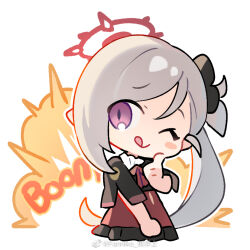 1girl :p blue_archive blush_stickers chibi chinese_commentary closed_eyes explosion fanniko grey_hair hair_tie halo musical_note mutsuki_(blue_archive) one_eye_closed side_ponytail smile solo spoken_musical_note tongue tongue_out watermark weibo_username weibo_watermark white_background