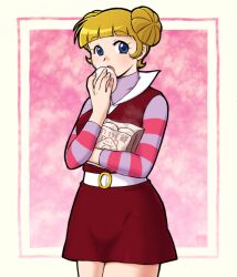 1girl steamed_bun blonde_hair blue_eyes blunt_bangs brown_skirt eating f_a food muteki_robo_trider_g7 pink_background short_hair skirt solo standing striped_sleeves sunahara_ikue watermark