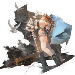 Rule 34 | 1boy, 1girl, akagi (aircraft carrier), aqua bodysuit, aqua eyes, aqua shoes, artist request, battle of midway, bird, blush, breasts, burning, covering nipples, covering privates, detached sleeves, dove, fingerless gloves, fire, full body, ghost, gloves, hand on own chest, headgear, highres, kaga (aircraft carrier), looking at another, midway (warship girls r), official art, open mouth, orange hair, shoes, sideboob, skirt, smoke, thighhighs, uss midway (cv-41), v-j day in times square, wardrobe malfunction, warship girls r, white gloves, white skirt, white thighhighs