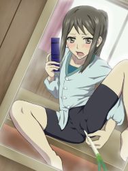 10s 1girl barefoot bike_shorts black_hair blush brown_eyes cameltoe cellphone curtains dom_(jiromike2000) dutch_angle female_focus female_masturbation flip_phone hanasaku_iroha indoors knee_up long_hair looking_at_viewer masturbation mirror on_table onion open_mouth phone reflection selfie sitting solo spread_legs table through_clothes toes tsurugi_minko window