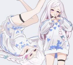 1girl bare_legs bare_shoulders black_choker braid breasts choker commentary_request cosplay crossed_fingers earrings expressionless florence_(girls&#039;_frontline_2) girls&#039;_frontline girls&#039;_frontline_2:_exilium hands_up heart heart_print highres jewelry long_hair long_sleeves lotan melanie_(girls&#039;_frontline_2) multiple_views off-shoulder_shirt off_shoulder pa-15_(girls&#039;_frontline) pa-15_(girls&#039;_frontline)_(cosplay) pa-15_(marvelous_yam_pastry)_(girls&#039;_frontline) pink_hair purple_eyes shirt single_braid solo standing star_(symbol) star_earrings thigh_strap upside-down very_long_hair white_hair white_shirt
