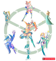 3girls :d android aqua_dress artist_name ass blonde_hair blue_eyes bodysuit boots breasts cameltoe chaps commentary_request covered_erect_nipples dress fusion gun handgun heart hexafusion high_heel_boots high_heels higher_resolution_available highres jenny_wakeman leotard long_hair long_sleeves looking_back machinery mario_(series) mask midriff multiple_girls muscular my_life_as_a_teenage_robot navel_piercing nintendo open_mouth pasties piercing rainbow_mika robot rosalina simple_background smile spanked spanking star_(symbol) star_pasties street_fighter super_mario_galaxy supersatanson thighhighs twintails very_long_hair wand weapon white_background