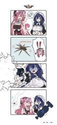 animal_ear_fluff animal_ears apron beret black_dress blue_eyes blue_hair blush bomb braid bug casing_ejection censored dress explosive firing goggles goggles_on_head gun hair_intakes handgun hat highres holding holding_bomb holding_gun holding_weapon hololive hololive_english long_hair long_sleeves low_twin_braids maid maid_apron mob_cap mosaic_censoring multicolored_hair muzzle_flash official_alternate_costume official_alternate_hairstyle open_mouth ouro_kronii ouro_kronii_(maid) panther_ears panther_girl pink_hair raora_panthera raora_panthera_(1st_costume) shell_casing spider streaked_hair taka_t twin_braids virtual_youtuber weapon white_apron