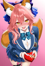 1girl absurdres alternate_costume animal_ear_fluff animal_ears aqua_bow aqua_bowtie bertstudent blue_bow blue_skirt bow bowtie box breasts button_gap chocolate fate/grand_order fate_(series) fox_ears fox_girl fox_tail gift hair_between_eyes hair_bow heart heart-shaped_box heart-shaped_pupils highres holding holding_gift huge_breasts large_breasts long_hair looking_at_viewer miniskirt open_mouth pink_hair plaid_bow plaid_bowtie plaid_clothes plaid_skirt pleated_skirt pussy_juice school_uniform sex_toy skirt solo split_ponytail symbol-shaped_pupils tail tamamo_(fate) tamamo_no_mae_(fate/extra) valentine vibrator vibrator_cord vibrator_in_thigh_strap yellow_eyes