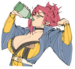 1girl 3amsoda alcohol artist_name beer belt bottle breasts cleavage coat drinking eiyuu_densetsu folded_ponytail high_belt holding holding_bottle jacket large_breasts pink_hair ponytail sara_valestein sen_no_kiseki_(series) simple_background solo