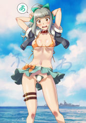 1girl bikini blue_sky bow bowtie breasts brown_eyes cloud covered_erect_nipples cruiser day female_focus green_hair green_skirt hair_bow hair_ribbon kantai_collection micro_bikini military military_vehicle ocean orange_bikini personification pleated_skirt ponytail ribbon sameha_ikuya school_uniform ship short_sleeves skirt sky small_breasts solo swimsuit vehicle_and_personification warship watercraft yuubari_(kancolle)