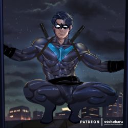 1boy artist_name bara batman_(series) belt black_belt black_bodysuit black_gloves black_hair blue_bodysuit bodysuit bulge closed_mouth covered_abs covered_erect_nipples dc_comics dick_grayson domino_mask gloves highres large_pectorals looking_at_viewer male_focus mask muscular muscular_male night night_sky nightwing otokobara outdoors paid_reward_available patreon_username pectorals short_hair sky solo squatting taut_bodysuit taut_clothes thick_thighs thighs two-tone_bodysuit weapon weapon_on_back
