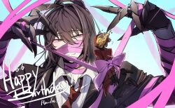 1boy 1other black_coat black_gloves black_pants black_shoes black_vest clock closed_mouth coat collared_shirt dante_(limbus_company) e.g.o_(project_moon) fire gauntlets gloves hands_up heterochromia highres hong_lu_(project_moon) limbus_company necktie object_head other_with_male pants project_moon red_necktie roseate_desire_(e.g.o) shirt shoes smile unako_hiraeth vest white_shirt
