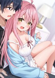 1boy 1girl :d bare_shoulders black_hair black_jacket blue_eyes blue_jacket blurry blurry_background blush breasts brown_eyes cleavage collarbone commentary_request depth_of_field dress frilled_dress frills grey_pants hair_between_eyes hair_ornament hairclip hand_up highres indoors jacket komori_kuzuyu long_hair long_sleeves medium_breasts off_shoulder on_bed open_clothes open_jacket open_mouth original pants pinching_sleeves pink_hair puffy_long_sleeves puffy_sleeves red_ribbon ribbon shirt sitting sitting_on_lap sitting_on_person sleeveless sleeveless_dress sleeves_past_wrists smile strap_slip very_long_hair white_dress white_shirt
