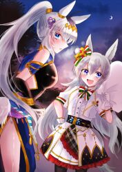 2girls animal_ears black_pantyhose black_shirt blue_eyes blue_pants blush bow bowtie bracelet brooch center_frills christmas clothing_cutout commentary_request cosplay costume_switch crescent_moon dress dutch_angle ear_ornament fang frilled_dress frills grey_hair hair_ornament hair_tie hand_on_own_hip high_ponytail highres holding holding_sack horse_ears horse_girl horse_tail jacket jewelry leaning_forward long_hair looking_at_viewer looking_back mimoe moon multiple_girls night oguri_cap_(miraculous_white_star)_(umamusume) oguri_cap_(umamusume) open_mouth outdoors over_shoulder pants pantyhose partial_commentary ponytail sack shirt short_sleeves side_cutout side_slit skin_fang smile standing tail tamamo_cross_(fierce_thunder_god)_(umamusume) tamamo_cross_(umamusume) umamusume white_dress white_jacket