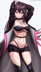 1girl absurdres armanditto arms_behind_head asymmetrical_sidelocks azki_(2nd_costume)_(hololive) azki_(hololive) belt black_bra black_choker black_coat black_panties black_shorts black_thighhighs blush bra breasts brown_hair choker cleavage coat colored_inner_hair commentary contrapposto double-parted_bangs english_commentary grey_background hair_between_eyes hair_intakes hair_ornament hairclip high_belt highleg highleg_panties highres hololive jewelry long_coat long_hair looking_at_viewer medium_breasts multicolored_hair narrow_waist navel necklace open_mouth over-kneehighs panties panty_straps pink_hair purple_eyes self_cosplay short_shorts shorts sidelocks simple_background skindentation solo strapless strapless_bra streaked_hair thighhighs twitter_username underboob underwear virtual_youtuber wide_hips