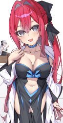 2girls absurdres baobhan_sith_(fate) black_dress black_skirt black_thighhighs blue_eyes breasts cleavage clothing_cutout cosplay dress fate/grand_order fate_(series) grey_eyes hand_up highres looking_at_viewer morgan_le_fay_(fate) morgan_le_fay_(fate)_(cosplay) morgan_le_fay_(third_ascension)_(fate) mother_and_daughter multiple_girls navel navel_cutout open_mouth pointy_ears ponytail sitting skirt thighhighs toukan v white_hair