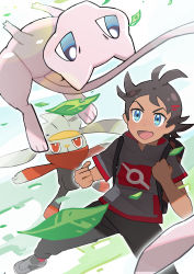 1boy absurdres antenna_hair backpack bag black_hair black_pants blue_eyes clenched_hands commentary_request creatures_(company) falling_leaves game_freak gen_1_pokemon gen_8_pokemon goh_(pokemon) hands_up highres leaf legendary_pokemon mew_(pokemon) mythical_pokemon nintendo open_mouth pants pokemon pokemon_(anime) pokemon_(creature) pokemon_journeys raboot shake_shark3 shoes short_sleeves tongue