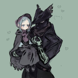 1boy 1girl aged_down bloodborne cloak coat grey_eyes grey_hair highres hunter_(bloodborne) looking_at_another oimo_(14sainobba) plain_doll sketch smile