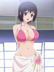 Rule 34 | 1girl, bikini, bikini top only, black hair, breasts, brown eyes, cleavage, collarbone, highres, indoors, kotone shirakawa, large breasts, looking at viewer, navel, overflow (anime), sarong, short hair, swimsuit
