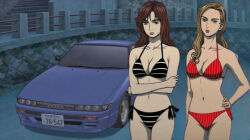 Rule 34 | 2girls, arm behind head, arm up, armpits, bad anatomy, bikini, black bikini, black eyes, breasts, cleavage, copyright name, cowboy shot, day, forest, grey hair, highleg, highleg bikini, initial d, jewelry, lips, lipstick, long hair, looking at viewer, makeup, medium breasts, multiple girls, nature, navel, necklace, nissan, nissan sileighty, outdoors, parted bangs, red bikini, red lips, satou mako, sayuki, sayuki (initial d), sil-eighty, smile, striped bikini, striped clothes, swimsuit, vehicle focus, vertical-striped bikini, vertical-striped clothes, white bikini