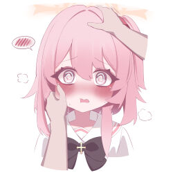 1girl @_@ amerika_neko black_bow black_bowtie blue_archive blush bow bowtie cheek_pinching commentary cross_ornament disembodied_hand embarrassed eyelashes eyes_visible_through_hair hair_between_eyes hair_intakes hair_ribbon halo hand_on_another&#039;s_cheek hand_on_another&#039;s_face headpat highres looking_at_viewer no_headwear one_side_up open_mouth orange_halo pinching pink_eyes pink_hair portrait pov pov_hands puff_of_air red_ribbon ribbon sailor_collar school_uniform serafuku serina_(blue_archive) sidelocks solo_focus speech_bubble spoken_blush white_sailor_collar