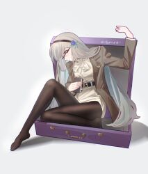 1girl arm_up belt bkornblume black_belt black_hairband black_pantyhose blue_flower bow bowtie box brown_coat coat flower full_body glasses grey_background grey_hair hair_flower hair_ornament hairband hand_up highres holding holding_notebook in_box in_container knee_up long_hair miniskirt no_shoes notebook official_alternate_costume open_clothes open_coat open_suitcase pantyhose pencil_skirt profile reverse:1999 shadow shirt sitting skirt solo suitcase tgd_xiao_bai very_long_hair white_bow white_bowtie white_shirt white_skirt