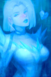 Rule 34 | 1girl, alex chow, blonde hair, blue background, blue eyes, blue eyeshadow, blue lips, blue theme, blush, breasts, choker, corset, diamond earrings, earrings, emma frost, eyeshadow, head tilt, heart, highres, jewelry, large breasts, leaning back, lipstick, makeup, marvel, marvel rivals, painterly, portrait, short hair, signature, solo, sparkle, superhero costume, thick lips, white corset, x-men
