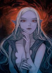1girl animification baldur&#039;s_gate baldur&#039;s_gate_3 colored_skin dark_elf dungeons_&amp;_dragons dungeons_&amp;_dragons elf hair_down highres lips long_hair looking_at_viewer minthara neck_tattoo pointy_ears purple_skin red_eyes solo tattoo tokine_kira white_hair
