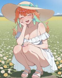 1girl alternate_costume arm_support bare_arms bare_legs bare_shoulders blue_sky bow breasts cleavage collarbone colored_inner_hair commentary day dress earrings english_commentary facing_viewer feather_earrings feathers field fingernails flower flower_field fluffy_hair full_body gradient_hair grass green_bow green_hair hand_on_own_knee hat hat_bow head_on_hand head_tilt highres hololive hololive_english jewelry knees large_breasts legs light_blush long_hair multicolored_hair off-shoulder_dress off_shoulder open_mouth orange_hair outdoors pink_lips pink_nails platform_sandals raliele_(terenazal) sandals shadow shiny_skin short_dress short_hair short_sleeves sky smile solo spaghetti_strap squatting sun_hat sundress swept_bangs takanashi_kiara teeth thighs toenails very_short_hair virtual_youtuber white_dress white_flower yellow_flower yellow_hat