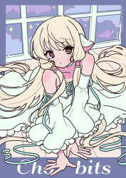 1girl :o bare_shoulders blonde_hair breasts brown_eyes chii chobits cloud commentary copyright_name detached_sleeves dress hair_spread_out highres long_hair long_sleeves looking_at_viewer neki_(wakiko) parted_lips robot_ears small_breasts solo strapless strapless_dress very_long_hair white_dress white_sleeves wide_sleeves window wooden_floor