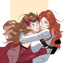 2girls artist_name bare_shoulders black_nails black_widow black_widow_(movie) bodysuit border braid bridal_gauntlets brown_hair cape dress fingernails green_eyes highres hug karmaho long_hair looking_at_another marvel marvel_cinematic_universe mask mask_on_head multiple_girls nail_polish natasha_romanoff one_eye_closed orange_hair outside_border red_cape red_dress red_mask scarlet_witch simple_background single_braid sleeveless sleeveless_dress smile superhero_costume teeth upper_body wanda_maximoff wandavision wavy_hair white_bodysuit white_border yellow_background