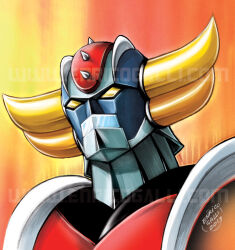 Rule 34 | 2013, artist name, enricogalli, grendizer, looking ahead, mazinger (series), mecha, mecha focus, no humans, orange background, portrait, robot, science fiction, super robot, ufo robo grendizer, watermark, yellow eyes