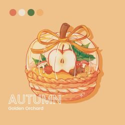 apple artist_name autumn color_guide commentary english_commentary english_text food food_focus fruit fruit_tart leaf mushroom no_humans nut_(food) orange_background original pumpkin raspberry ribbon shadow simple_background sparkle tart_(food) tengerineart watermark yellow_ribbon