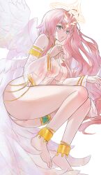 1girl :o absurdres ahoge bare_shoulders barefoot breasts commentary commission covered_erect_nipples detached_sleeves dungeon_and_fighter english_commentary full_body green_eyes halo heart heart_tattoo highres knight_(dungeon_and_fighter) large_breasts light_blush lightbringer_(dungeon_and_fighter) lingerie looking_at_viewer myuu_(2myuu2) negligee no_bra open_mouth panties pink_hair pixiv_commission simple_background solo tattoo thighs underwear white_background white_panties white_wings wings yellow_halo