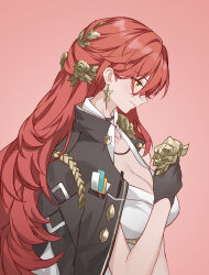 1girl absurdres black_gloves black_jacket bow breasts cleavage closed_mouth collarbone commentary_request earrings evzeva flower from_side gloves hair_flower hair_ornament highres himeko_(honkai:_star_rail) holding holding_flower honkai:_star_rail honkai_(series) jacket jacket_on_shoulders jewelry large_breasts long_hair profile red_background red_bow red_hair simple_background smile solo upper_body yellow_eyes yellow_flower