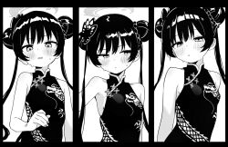 1girl bare_shoulders blue_archive blush breasts bun_with_braided_base butterfly_hair_ornament china_dress chinese_clothes collarbone commentary_request double_bun dragon_print dress eco_376124 greyscale hair_bun hair_ornament halo kisaki_(blue_archive) loli long_hair looking_at_viewer monochrome multiple_views print_dress sleeveless sleeveless_dress small_breasts sweat twintails