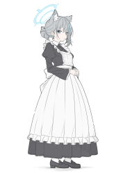 1girl alternate_costume alternate_hairstyle animal_ear_fluff apron black_dress black_shoes blue_archive blue_eyes closed_mouth dress enmaided extra_ears grey_hair hair_bun highres light_smile long_hair long_sleeves looking_at_viewer maid maid_apron own_hands_together shiroko_(blue_archive) shoes sidelocks socks solo t1kosewad tail victorian_maid white_apron white_socks wolf_girl wolf_tail