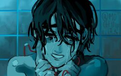 Rule 34 | 2girls, absurdres, alien stage, black eyes, black hair, crying, half-closed eyes, hands on another&#039;s neck, highres, holding another&#039;s wrists, mochiinery, multiple girls, short hair, smile, solo focus, sua (alien stage), tears, tile wall, tiles