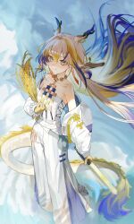 1girl absurdres arknights bare_shoulders beads belt blonde_hair blue_hair blurry chromatic_aberration closed_mouth collarbone colored_extremities commentary dragon_girl dragon_horns dragon_tail earrings floating_hair grey_eyes grey_hair hair_between_eyes hair_intakes highres holding holding_plant horns jacket jewelry long_hair long_sleeves looking_at_viewer multicolored_hair off_shoulder pants plant pointy_ears purple_hair shu_(arknights) smile solo standing strapless tail tube_top very_long_hair wheat white_belt white_jacket white_pants white_tube_top yukibanashi