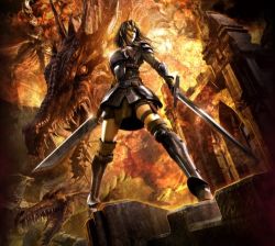 1girl armor cassandra_pentaghast dragon dragon_age dragon_age_2 dual_wielding epic fire from_below holding long_hair lowres sword thigh_strap weapon