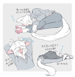 1boy animal_feet animal_hands babeldj body_fur cat_boy claws closed_eyes colored_eyelashes commentary_request flexible furry furry_male grey_background grey_shirt lying male_focus multiple_views on_side shirt simple_background sleeping stretching tail translation_request whiskers white_fur