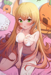 1girl alternate_hairstyle bare_legs bare_shoulders between_legs bra breasts character_doll cleavage collarbone commentary_request crossed_bangs doll dot_nose from_above gradient_hair green_eyes hair_over_shoulder hand_between_legs hand_on_own_chest highres hololive large_breasts long_hair looking_at_viewer momosuzu_nene multicolored_hair nail_polish navel nekko_(momosuzu_nene) on_bed open_mouth orange_hair orange_nails panties pink_hair sitting solo stomach suicabar72 twitter_username underwear very_long_hair virtual_youtuber wariza watermark white_bra white_panties