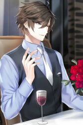 1boy alcohol black_hair blue_shirt business_suit buttoned_cuffs buttons chair cheritz cup drinking_glass fingernails flower formal_clothes gesture grey_eyes grey_vest han_jumin looking_to_the_side necktie official_alternate_costume official_art on_chair rose shirt short_hair suit susanghan_messenger third-party_source vest vest_pouch white_necktie window wine wine_glass