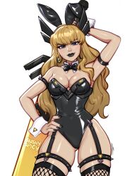 1girl animal_ears black_leotard blonde_hair blue_eyes blushyspicy breasts cleavage detached_collar highres holding holding_weapon huge_weapon leotard long_hair looking_at_viewer magik_(x-men) marvel marvel_rivals playboy_bunny rabbit_ears solo strapless strapless_leotard sword weapon wrist_cuffs x-men