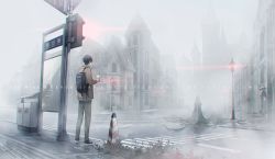 2boys angel arrow_(symbol) backpack bag black_hair bridge brown_hair brown_jacket brown_pants chinese_commentary cloak commentary_request english_text fog from_behind glasses gundongdejie hidden_face holding hood hooded_cloak jacket klein_moretti lamppost looking_at_another lord_of_the_mysteries multiple_boys pants pedestrian_bridge pedestrian_lights recycle_bin recycling_symbol short_hair tentacles tentacles_under_clothes watermark window