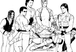 Rule 34 | 1girl, 6+boys, albert wesker, alice abernathy, anal, billy coen, carlos oliveira, extro, highres, leon s. kennedy, luis sera, multiple boys, ramon salazar, resident evil, vaginal